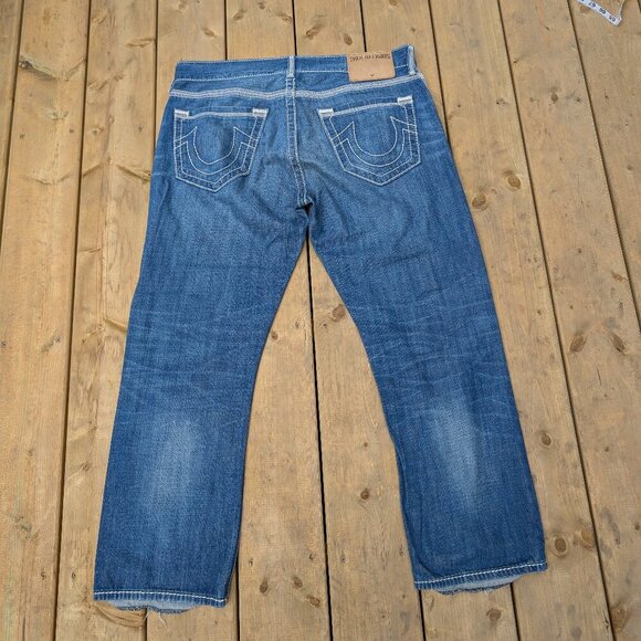 True Religion Men's Blue Distressed Straight Leg Jeans - Size 34 - Made in USA - Picture 4 of 7